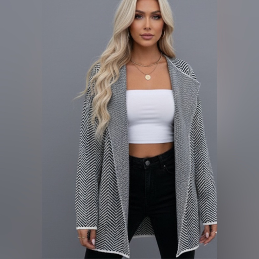 Chevron Pattern Drop Shoulder Open Front Cardigan
